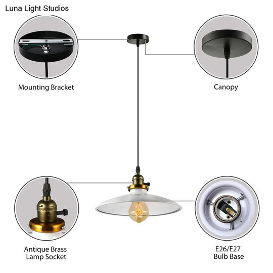 Industrial Style Saucer Metal Pendant Ceiling Light In Black/White For Living Room