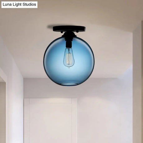 Industrial Style Semi-Flush Ceiling Light With Globe Shade In Red/Brown/Blue Glass For Dining Room