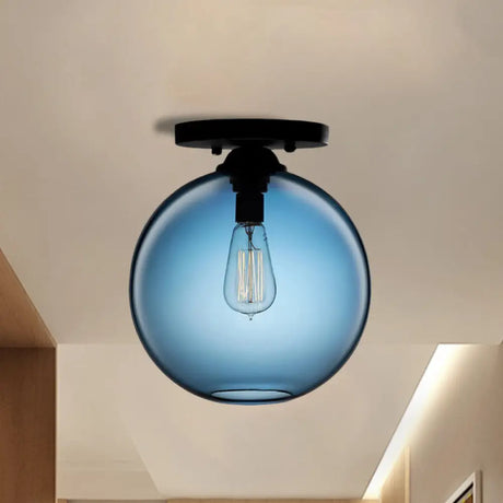 Industrial Style Semi-Flush Ceiling Light With Globe Shade In Red/Brown/Blue Glass For Dining Room
