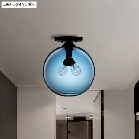 Industrial Style Semi-Flush Ceiling Light With Globe Shade In Red/Brown/Blue Glass For Dining Room