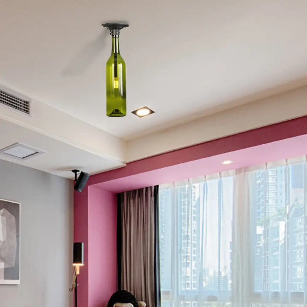 Industrial Style Semi-Flush Mount Light With Bottle Glass Shade - Stylish Living Room Lighting Green