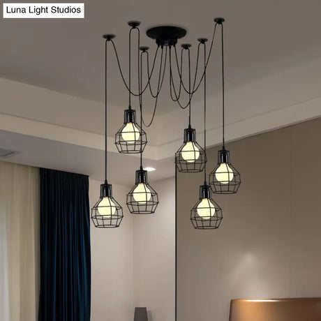 Industrial Style Spider Pendant Hanging Light - 6 Bulbs Black/Gold Iron Dining Room Ceiling Lamp