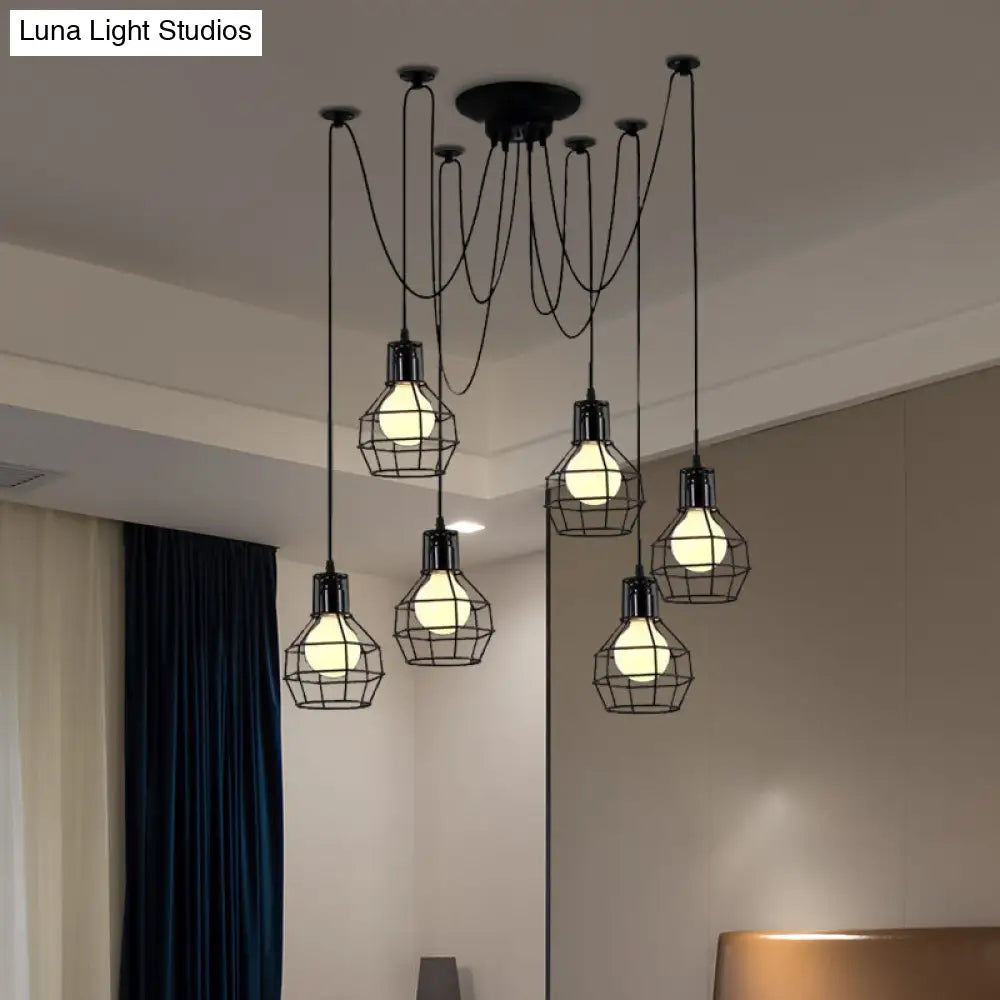 Industrial Style Spider Pendant Hanging Light - 6 Bulbs Black/Gold Iron Dining Room Ceiling Lamp