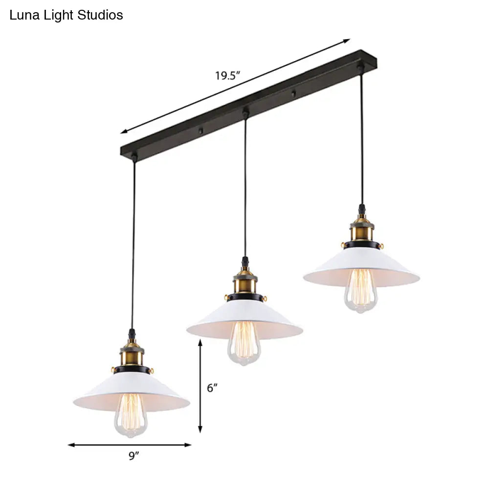 Industrial Style White Conic Ceiling Pendant With Metallic Finish - 3 Heads Indoor Hanging Light
