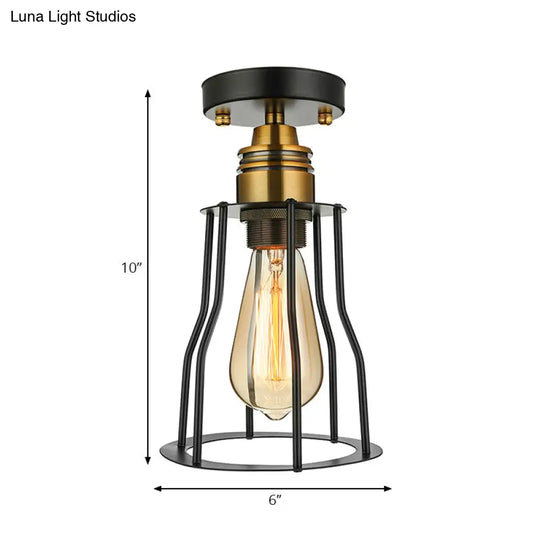 Industrial Style Wire Guard Ceiling Light - Metallic Semi Flush Brass/Antique Brass Hallway Lighting