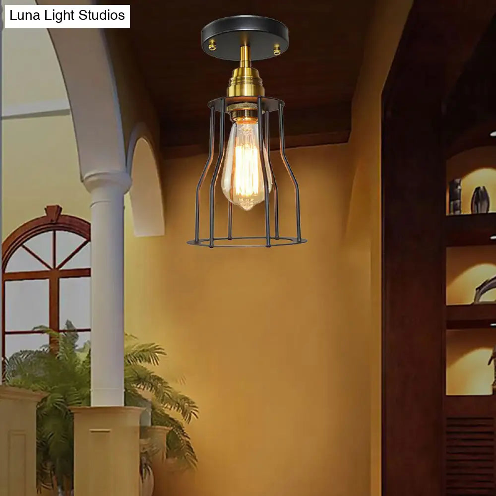 Industrial Style Wire Guard Ceiling Light - Metallic Semi Flush Brass/Antique Brass Hallway Lighting
