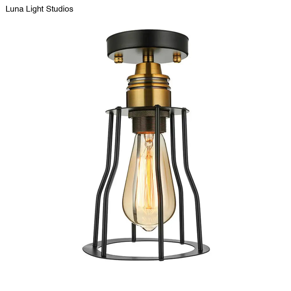 Industrial Style Wire Guard Ceiling Light - Metallic Semi Flush Brass/Antique Brass Hallway Lighting
