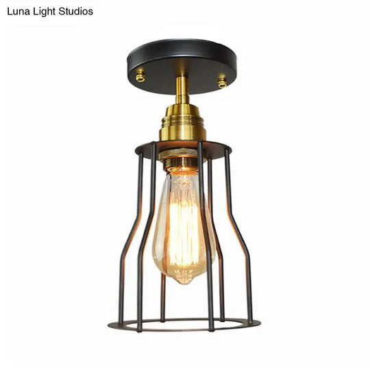 Industrial Style Wire Guard Ceiling Light - Metallic Semi Flush Brass/Antique Brass Hallway Lighting