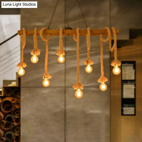 Industrial-Style Wood Beige Island Chandelier - 8-Light Linear Pendant Lamp For Dining Room