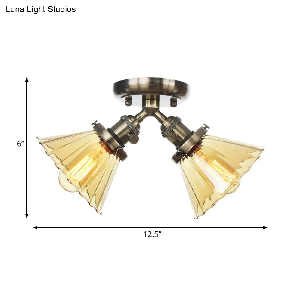 Industrial Stylish Bedroom Semi Mount Lighting With Cone Shade Amber/Clear Glass - 2 Heads