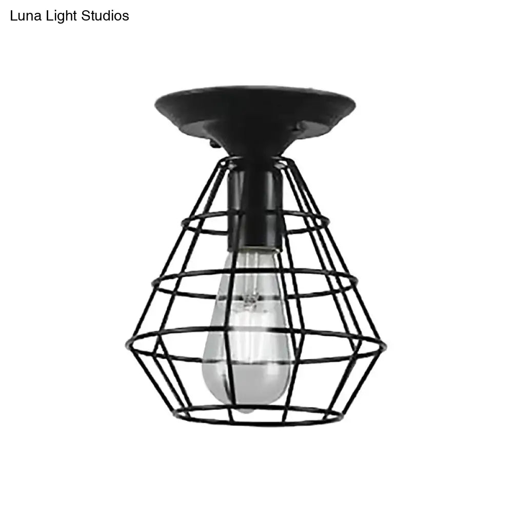 Industrial Stylish Black Iron Ceiling Lamp - Oval/Bell Cage Design 1 Head Semi Flush Pendant Light