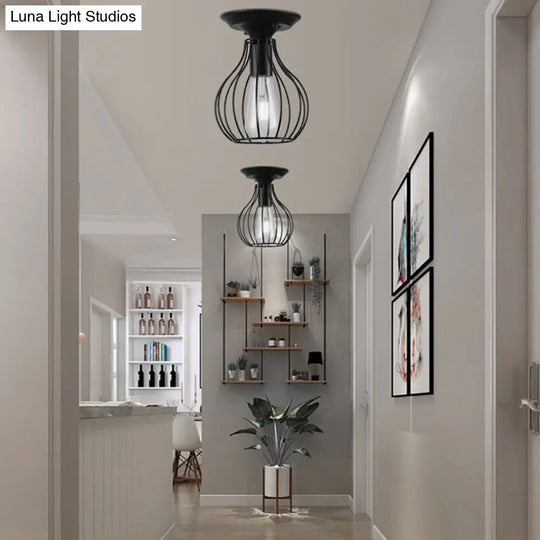 Industrial Stylish Black Iron Ceiling Lamp - Oval/Bell Cage Design 1 Head Semi Flush Pendant Light