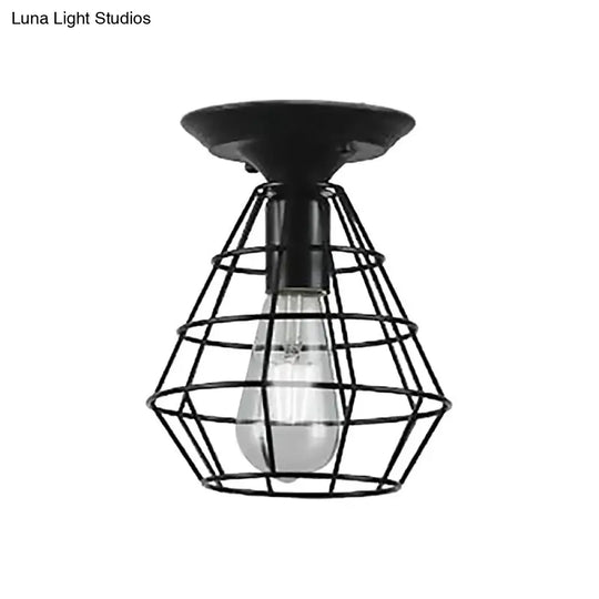Industrial Stylish Black Iron Ceiling Lamp - Oval/Bell Cage Design 1 Head Semi Flush Pendant Light