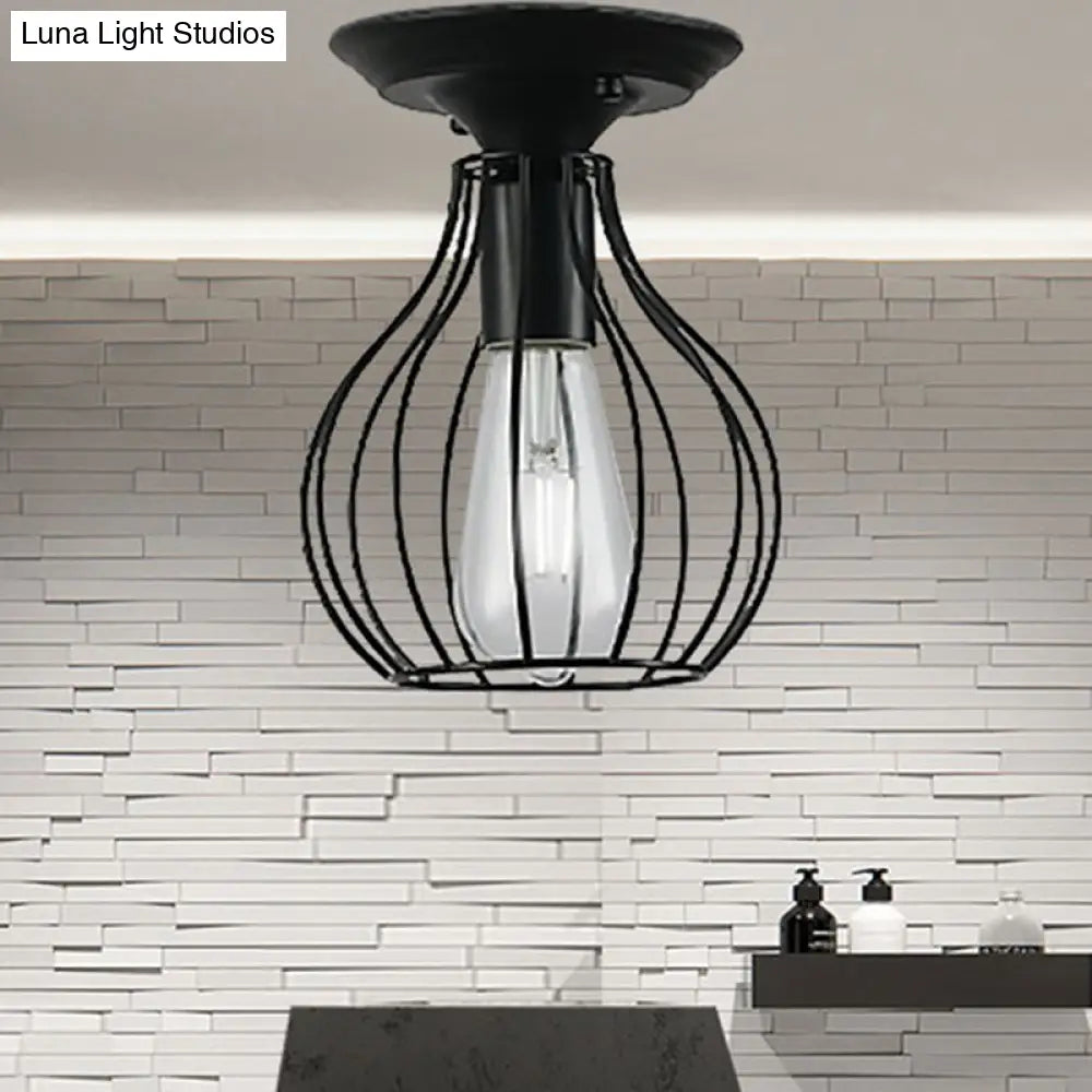 Industrial Stylish Black Iron Ceiling Lamp - Oval/Bell Cage Design 1 Head Semi Flush Pendant Light