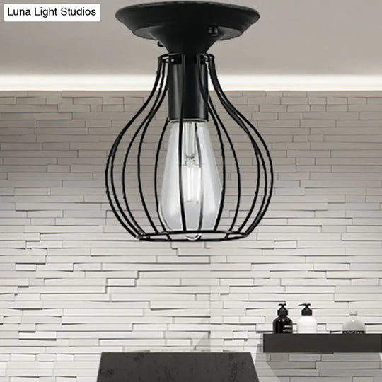 Industrial Stylish Black Iron Ceiling Lamp - Oval/Bell Cage Design 1 Head Semi Flush Pendant Light
