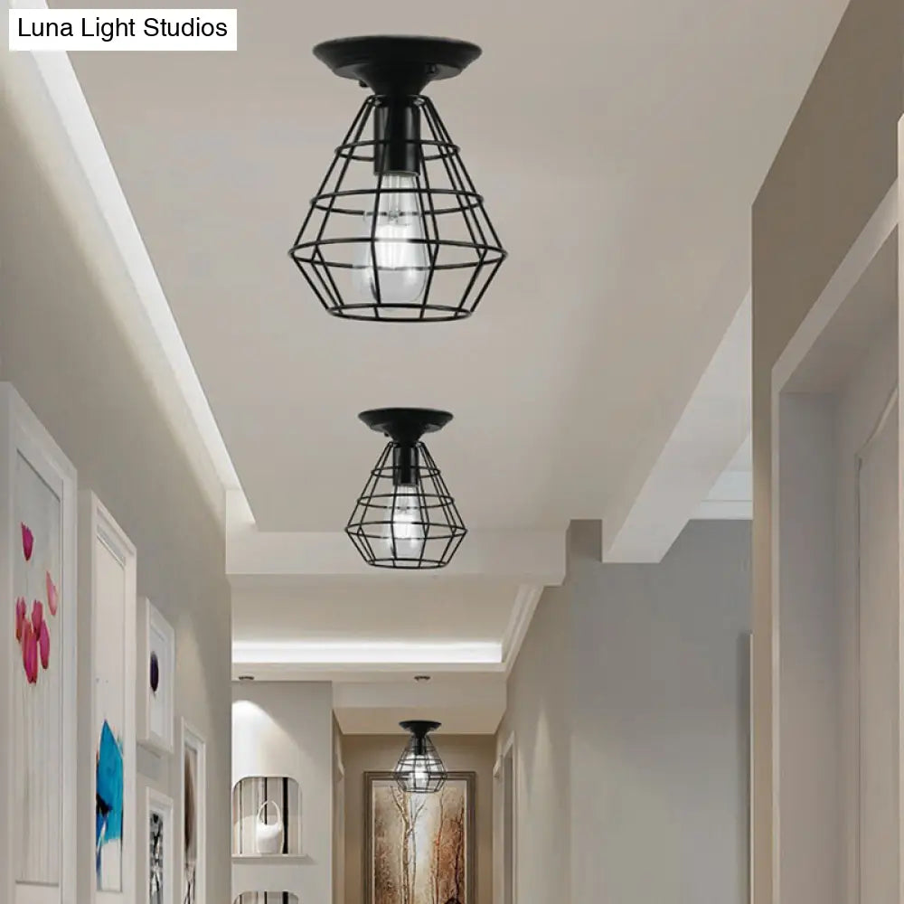 Industrial Stylish Black Iron Ceiling Lamp - Oval/Bell Cage Design 1 Head Semi Flush Pendant Light