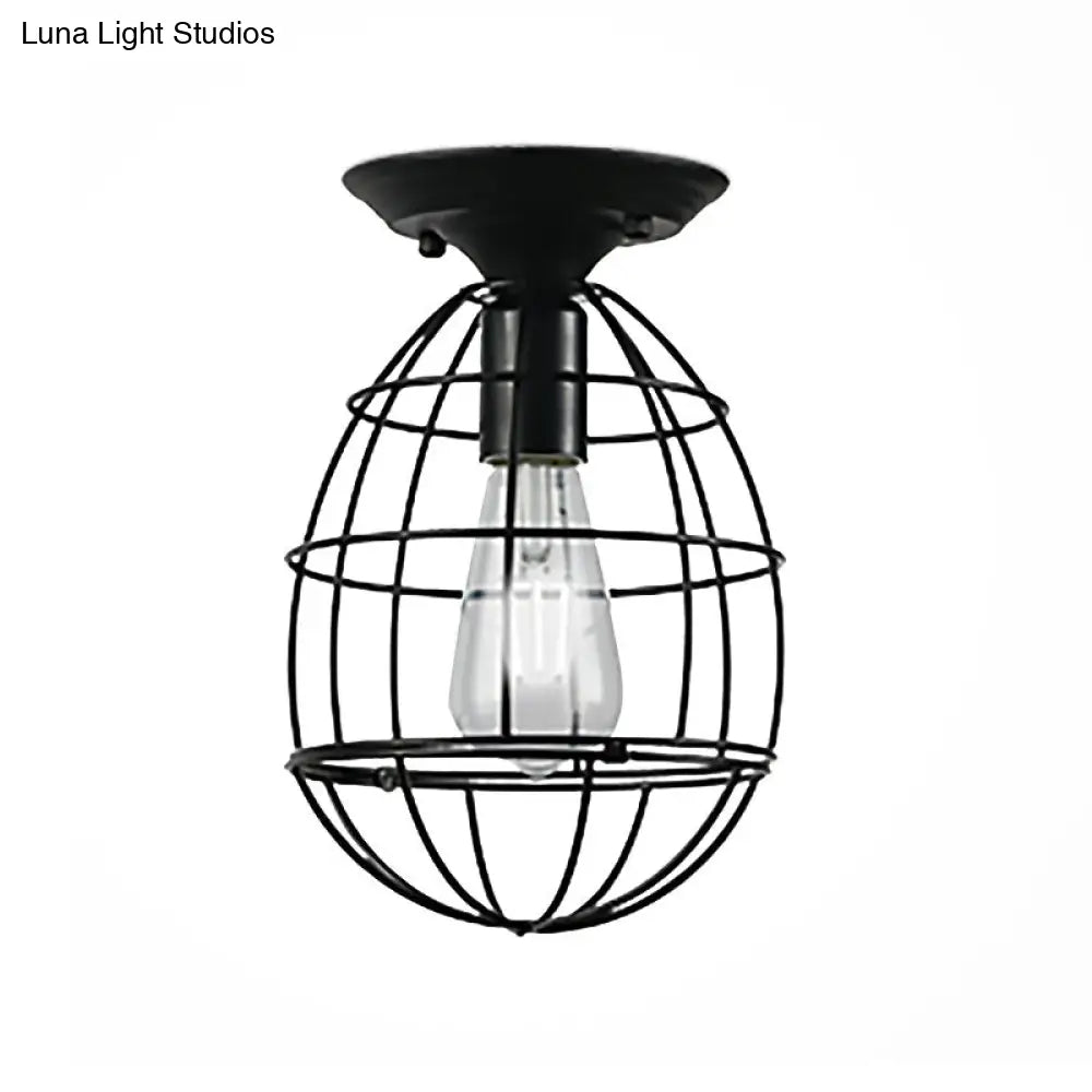 Industrial Stylish Black Iron Ceiling Lamp - Oval/Bell Cage Design 1 Head Semi Flush Pendant Light