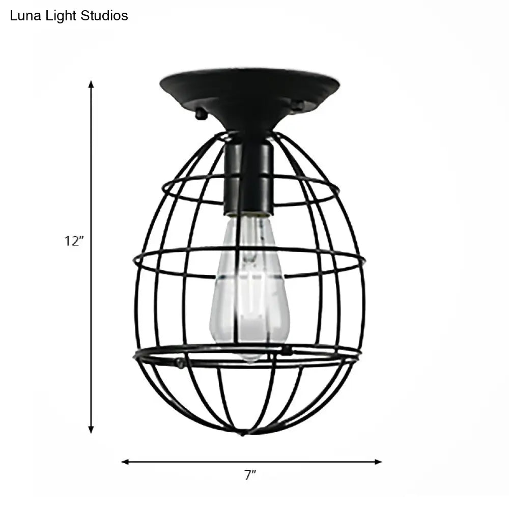 Industrial Stylish Black Iron Ceiling Lamp - Oval/Bell Cage Design 1 Head Semi Flush Pendant Light