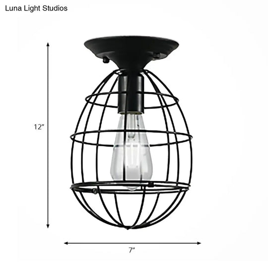 Industrial Stylish Black Iron Ceiling Lamp - Oval/Bell Cage Design 1 Head Semi Flush Pendant Light