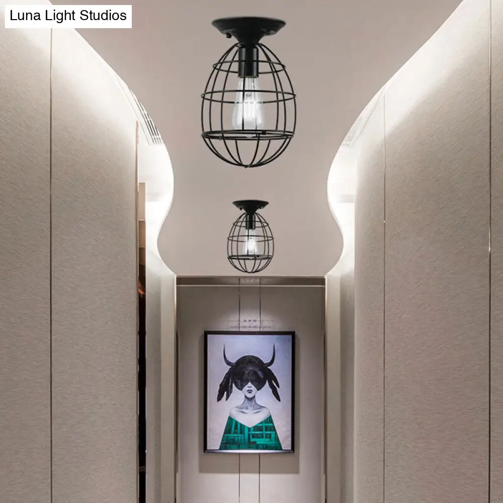 Industrial Stylish Black Iron Ceiling Lamp - Oval/Bell Cage Design 1 Head Semi Flush Pendant Light
