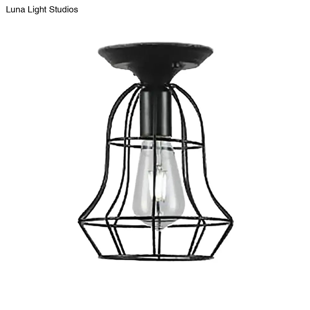 Industrial Stylish Black Iron Ceiling Lamp - Oval/Bell Cage Design 1 Head Semi Flush Pendant Light