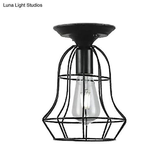 Industrial Stylish Black Iron Ceiling Lamp - Oval/Bell Cage Design 1 Head Semi Flush Pendant Light