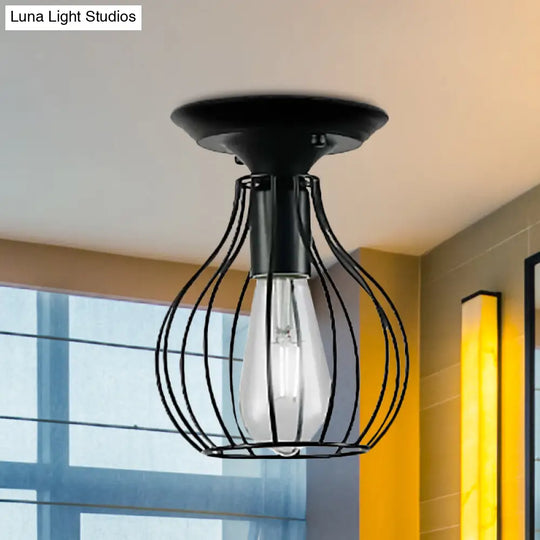 Industrial Stylish Black Iron Ceiling Lamp - Oval/Bell Cage Design 1 Head Semi Flush Pendant Light