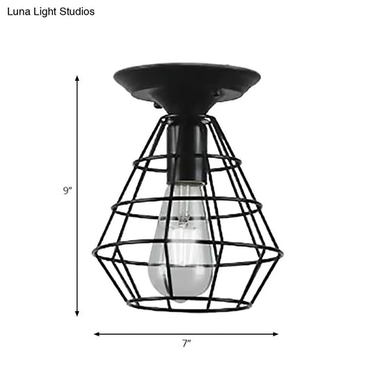 Industrial Stylish Black Iron Ceiling Lamp - Oval/Bell Cage Design 1 Head Semi Flush Pendant Light