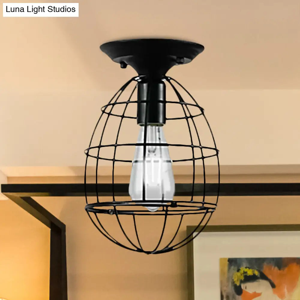 Industrial Stylish Black Iron Ceiling Lamp - Oval/Bell Cage Design 1 Head Semi Flush Pendant Light