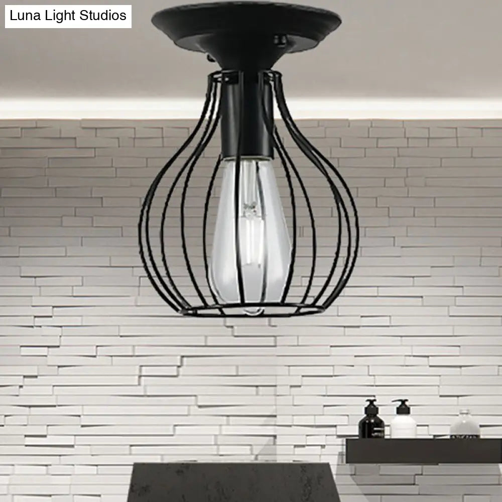 Industrial Stylish Black Iron Ceiling Lamp - Oval/Bell Cage Design 1 Head Semi Flush Pendant Light