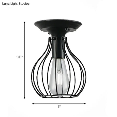 Industrial Stylish Black Iron Ceiling Lamp - Oval/Bell Cage Design 1 Head Semi Flush Pendant Light