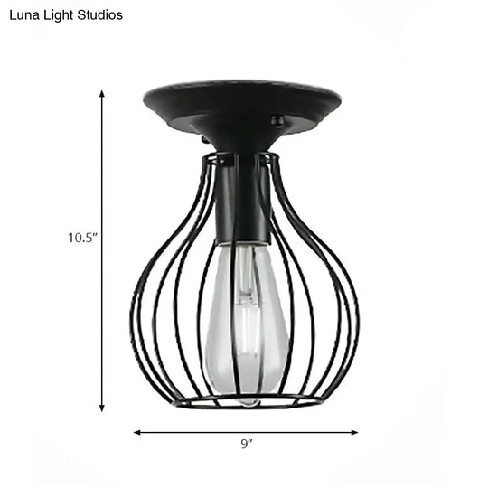 Industrial Stylish Black Iron Ceiling Lamp - Oval/Bell Cage Design 1 Head Semi Flush Pendant Light