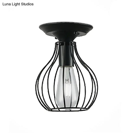 Industrial Stylish Black Iron Ceiling Lamp - Oval/Bell Cage Design 1 Head Semi Flush Pendant Light