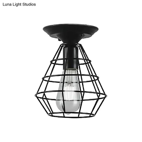 Industrial Stylish Black Iron Ceiling Lamp - Oval/Bell Cage Design 1 Head Semi Flush Pendant Light
