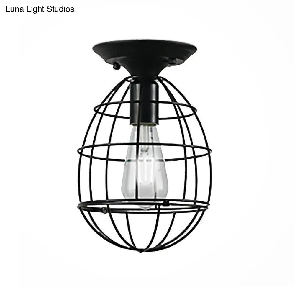 Industrial Stylish Black Iron Ceiling Lamp - Oval/Bell Cage Design 1 Head Semi Flush Pendant Light