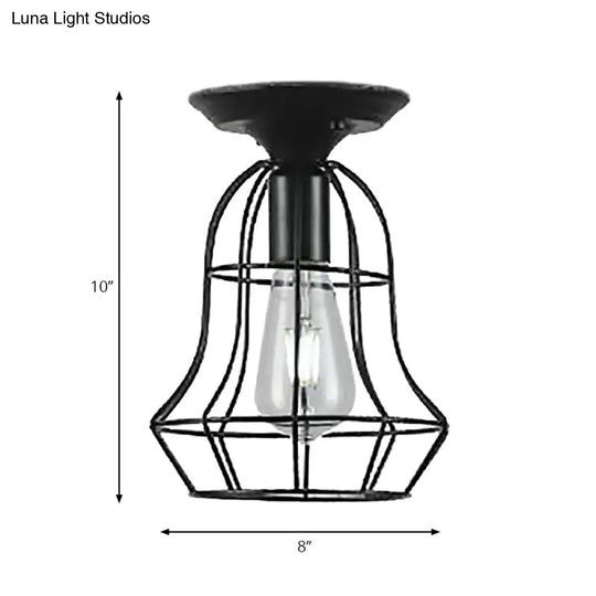 Industrial Stylish Black Iron Ceiling Lamp - Oval/Bell Cage Design 1 Head Semi Flush Pendant Light