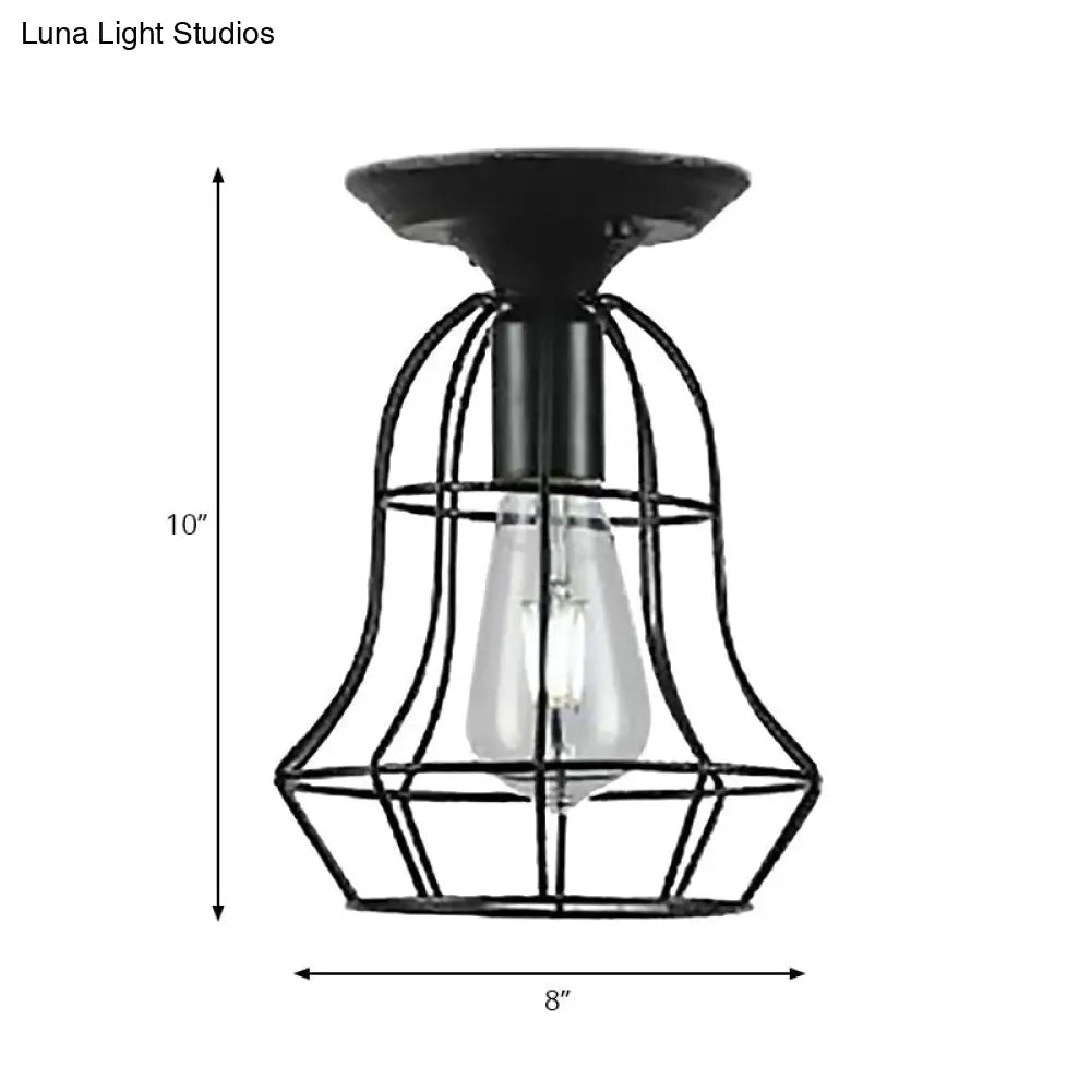 Industrial Stylish Black Iron Ceiling Lamp - Oval/Bell Cage Design 1 Head Semi Flush Pendant Light