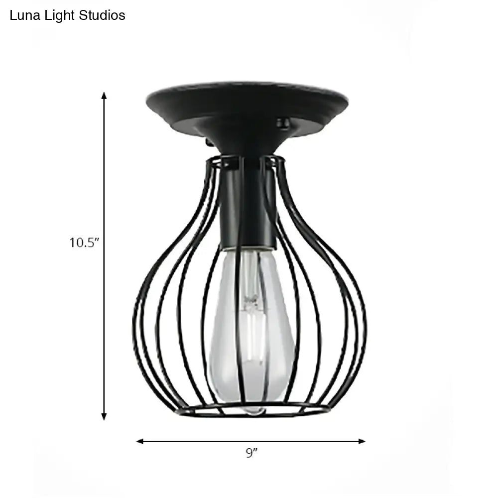 Industrial Stylish Black Iron Ceiling Lamp - Oval/Bell Cage Design 1 Head Semi Flush Pendant Light