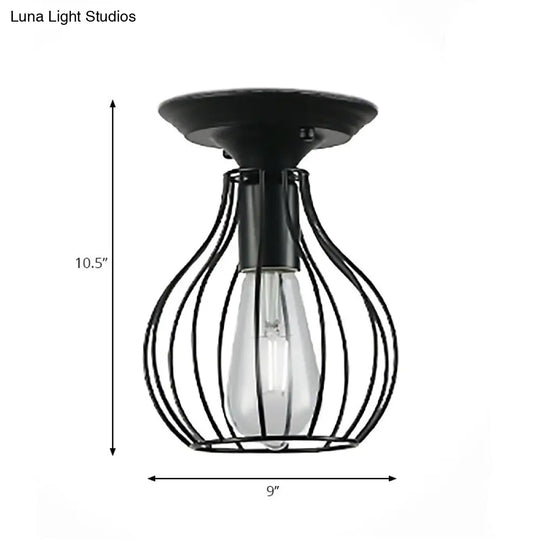 Industrial Stylish Black Iron Ceiling Lamp - Oval/Bell Cage Design 1 Head Semi Flush Pendant Light