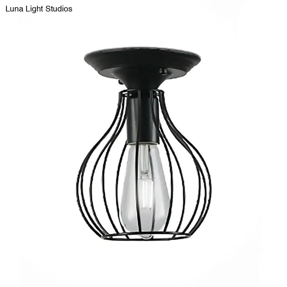 Industrial Stylish Black Iron Ceiling Lamp - Oval/Bell Cage Design 1 Head Semi Flush Pendant Light