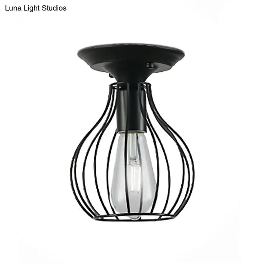 Industrial Stylish Black Iron Ceiling Lamp - Oval/Bell Cage Design 1 Head Semi Flush Pendant Light