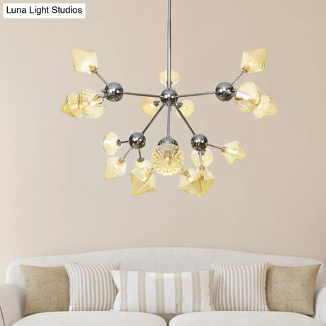 Industrial Stylish Glass Diamond Pendant Light Chandelier - 3/9/12 Bulbs Amber/Clear