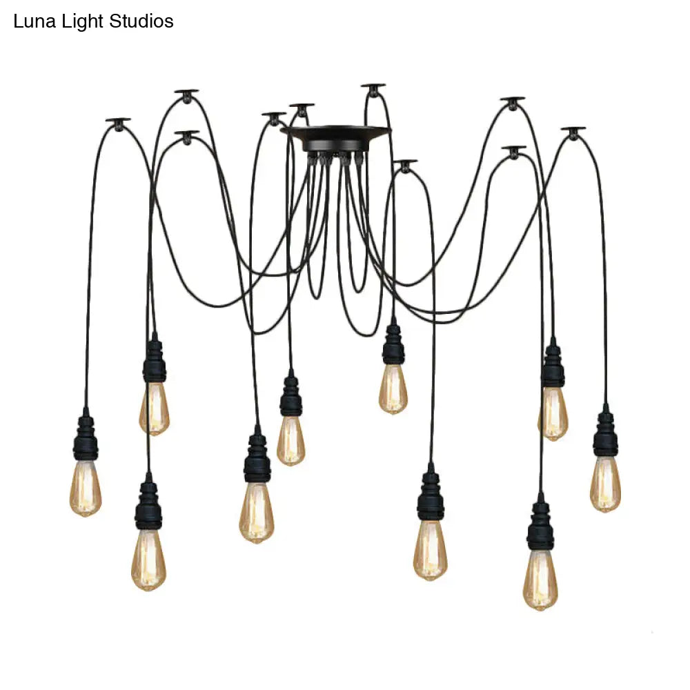 Industrial Swag Hanging Lamp With Exposed Bulb - Black Metal Pendant Light (2/3 Heads)