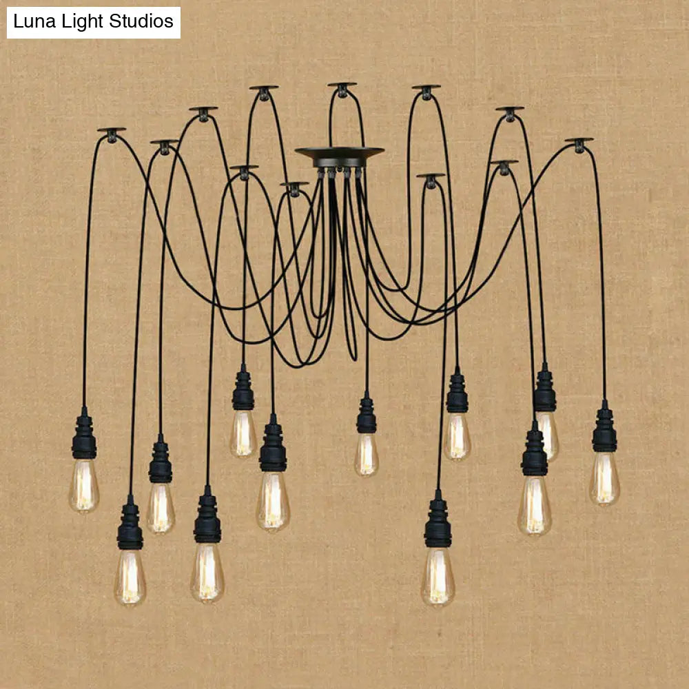 Industrial Swag Hanging Lamp With Exposed Bulb - Black Metal Pendant Light (2/3 Heads)