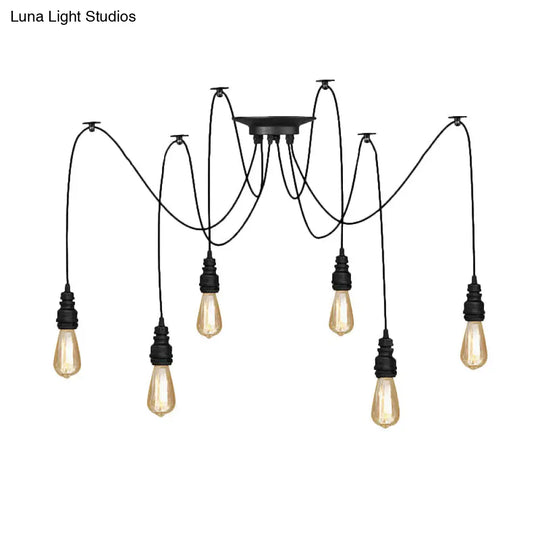 Industrial Swag Hanging Lamp With Exposed Lights - Black Metal Pendant Light For Kitchen (2/3/6