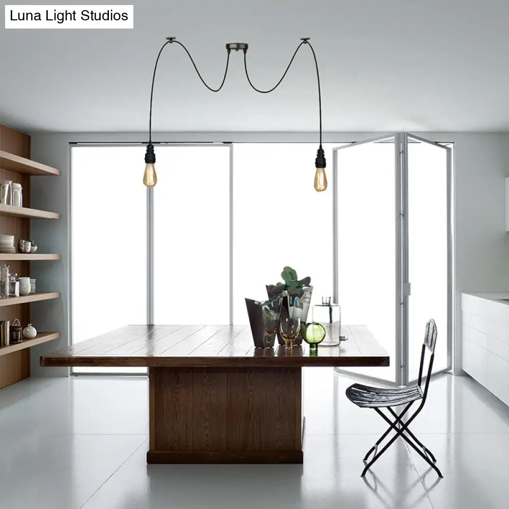 Industrial Swag Hanging Lamp With Exposed Lights - Black Metal Pendant Light For Kitchen (2/3/6