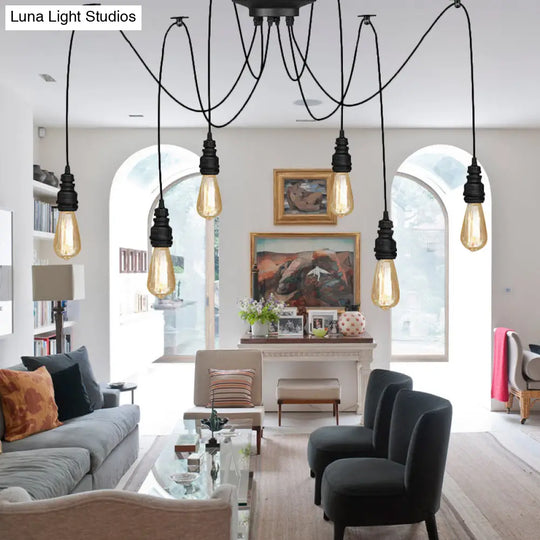 Industrial Swag Hanging Lamp With Exposed Lights - Black Metal Pendant Light For Kitchen (2/3/6