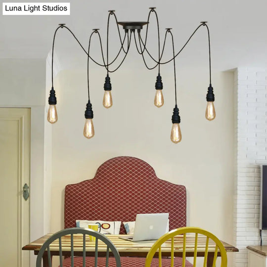 Industrial Swag Hanging Lamp With Exposed Lights - Black Metal Pendant Light For Kitchen (2/3/6