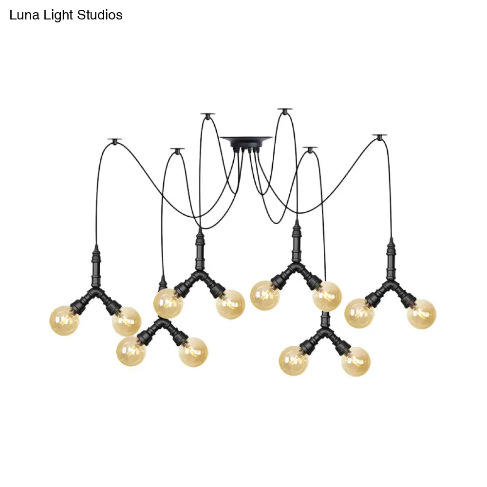 Industrial Swag Pendant Light Amber Glass Globe Multiple Ceiling Lights LED Black Finish Perfect for Restaurants!