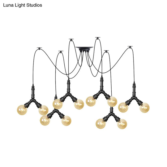 Industrial Swag Pendant Light Amber Glass Globe Multiple Ceiling Lights LED Black Finish Perfect for Restaurants!